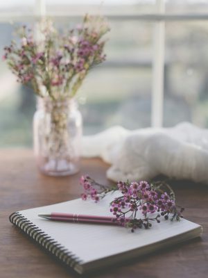 Writing desk with flowers